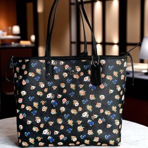 Coach Reversible City Tote – Floral Print & Classic Black Leather – 2 Bags in 1!